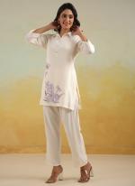 Rayon White Casual Wear Embroidery Work Readymade Cord Set